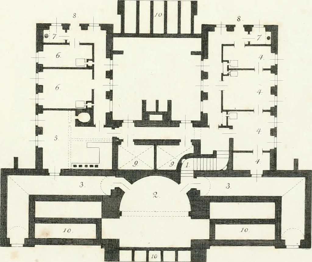 An illustration from Die schöne Landbaukunst, oder, Neue Ideen und Vorschriften zu Landgebäuden, Landhäusern und Oekonomie-Gebäuden im gefälligen : Ideen zu Gebäuden für öffentliche und Privatbelustigungen, ingleichen zu Gebäuden im ernsthaftern aber edlen Style, in Grundrissen, Aufrissen und Durchschnitten, 1798, leaf 54