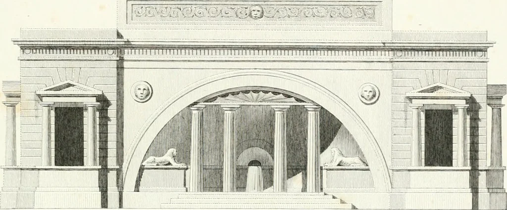 An illustration from Die schöne Landbaukunst, oder, Neue Ideen und Vorschriften zu Landgebäuden, Landhäusern und Oekonomie-Gebäuden im gefälligen : Ideen zu Gebäuden für öffentliche und Privatbelustigungen, ingleichen zu Gebäuden im ernsthaftern aber edlen Style, in Grundrissen, Aufrissen und Durchschnitten, 1798, leaf 58