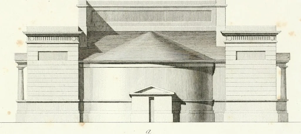 An illustration from Die schöne Landbaukunst, oder, Neue Ideen und Vorschriften zu Landgebäuden, Landhäusern und Oekonomie-Gebäuden im gefälligen : Ideen zu Gebäuden für öffentliche und Privatbelustigungen, ingleichen zu Gebäuden im ernsthaftern aber edlen Style, in Grundrissen, Aufrissen und Durchschnitten, 1798, leaf 60