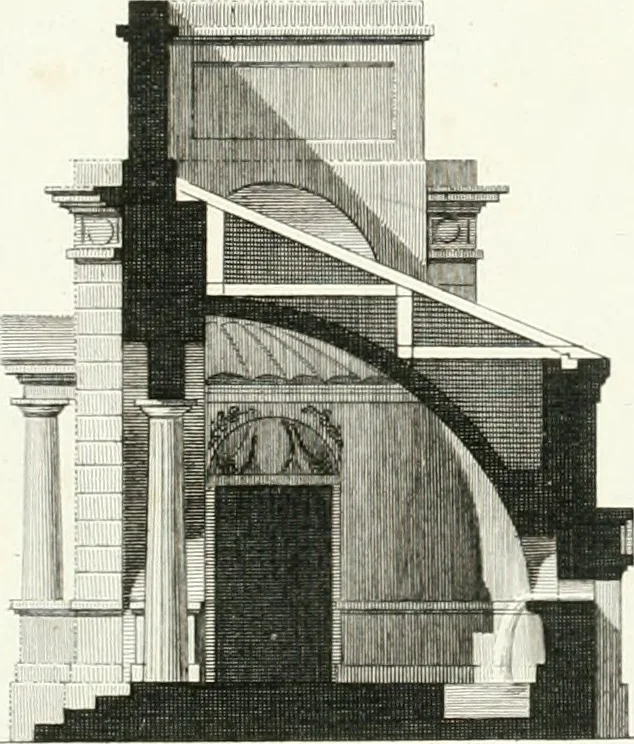 An illustration from Die schöne Landbaukunst, oder, Neue Ideen und Vorschriften zu Landgebäuden, Landhäusern und Oekonomie-Gebäuden im gefälligen : Ideen zu Gebäuden für öffentliche und Privatbelustigungen, ingleichen zu Gebäuden im ernsthaftern aber edlen Style, in Grundrissen, Aufrissen und Durchschnitten, 1798, leaf 60