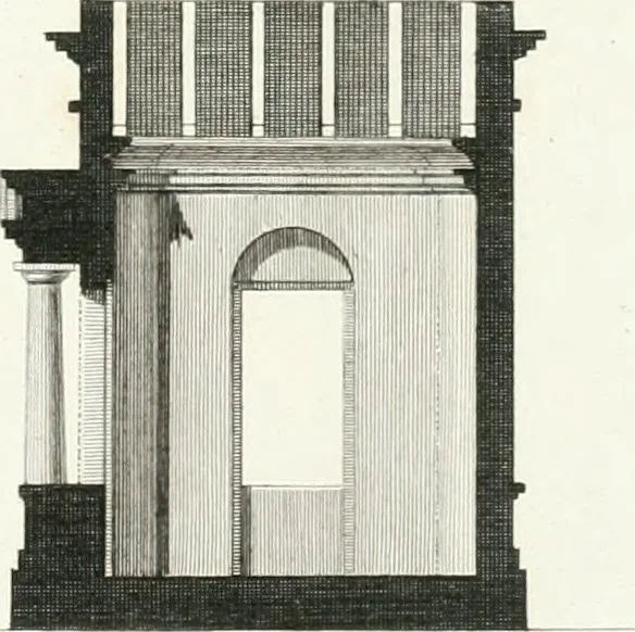 An illustration from Die schöne Landbaukunst, oder, Neue Ideen und Vorschriften zu Landgebäuden, Landhäusern und Oekonomie-Gebäuden im gefälligen : Ideen zu Gebäuden für öffentliche und Privatbelustigungen, ingleichen zu Gebäuden im ernsthaftern aber edlen Style, in Grundrissen, Aufrissen und Durchschnitten, 1798, leaf 60