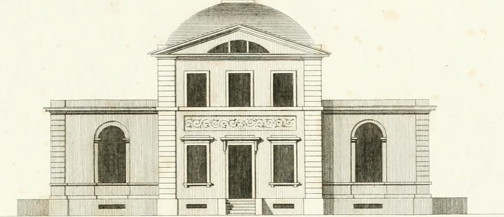 An illustration from Die schöne Landbaukunst, oder, Neue Ideen und Vorschriften zu Landgebäuden, Landhäusern und Oekonomie-Gebäuden im gefälligen : Ideen zu Gebäuden für öffentliche und Privatbelustigungen, ingleichen zu Gebäuden im ernsthaftern aber edlen Style, in Grundrissen, Aufrissen und Durchschnitten, 1798, leaf 62