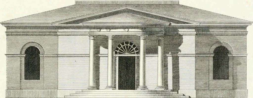 An illustration from Die schöne Landbaukunst, oder, Neue Ideen und Vorschriften zu Landgebäuden, Landhäusern und Oekonomie-Gebäuden im gefälligen : Ideen zu Gebäuden für öffentliche und Privatbelustigungen, ingleichen zu Gebäuden im ernsthaftern aber edlen Style, in Grundrissen, Aufrissen und Durchschnitten, 1798, leaf 64
