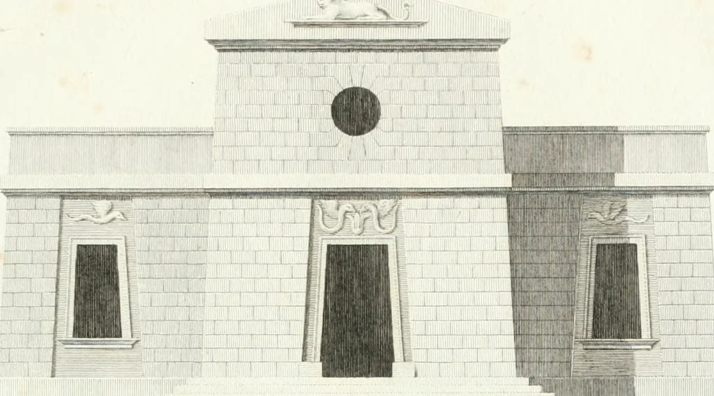 An illustration from Die schöne Landbaukunst, oder, Neue Ideen und Vorschriften zu Landgebäuden, Landhäusern und Oekonomie-Gebäuden im gefälligen : Ideen zu Gebäuden für öffentliche und Privatbelustigungen, ingleichen zu Gebäuden im ernsthaftern aber edlen Style, in Grundrissen, Aufrissen und Durchschnitten, 1798, leaf 34