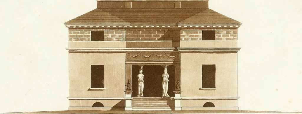An illustration from Die schöne Landbaukunst, oder, Neue Ideen und Vorschriften zu Landgebäuden, Landhäusern und Oekonomie-Gebäuden im gefälligen : Ideen zu Gebäuden für öffentliche und Privatbelustigungen, ingleichen zu Gebäuden im ernsthaftern aber edlen Style, in Grundrissen, Aufrissen und Durchschnitten, 1798, leaf 38