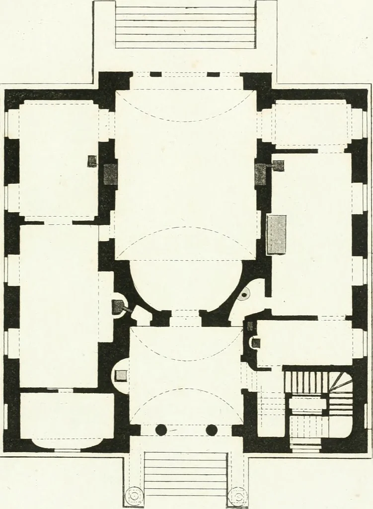 An illustration from Die schöne Landbaukunst, oder, Neue Ideen und Vorschriften zu Landgebäuden, Landhäusern und Oekonomie-Gebäuden im gefälligen : Ideen zu Gebäuden für öffentliche und Privatbelustigungen, ingleichen zu Gebäuden im ernsthaftern aber edlen Style, in Grundrissen, Aufrissen und Durchschnitten, 1798, leaf 40