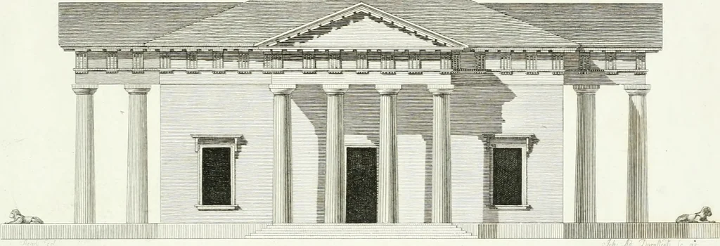 An illustration from Die schöne Landbaukunst, oder, Neue Ideen und Vorschriften zu Landgebäuden, Landhäusern und Oekonomie-Gebäuden im gefälligen : Ideen zu Gebäuden für öffentliche und Privatbelustigungen, ingleichen zu Gebäuden im ernsthaftern aber edlen Style, in Grundrissen, Aufrissen und Durchschnitten, 1798, leaf 44