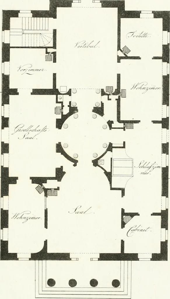 An illustration from Die schöne Landbaukunst, oder, Neue Ideen und Vorschriften zu Landgebäuden, Landhäusern und Oekonomie-Gebäuden im gefälligen : Ideen zu Gebäuden für öffentliche und Privatbelustigungen, ingleichen zu Gebäuden im ernsthaftern aber edlen Style, in Grundrissen, Aufrissen und Durchschnitten, 1798, leaf 46