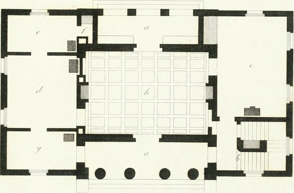 An illustration from Die schöne Landbaukunst, oder, Neue Ideen und Vorschriften zu Landgebäuden, Landhäusern und Oekonomie-Gebäuden im gefälligen : Ideen zu Gebäuden für öffentliche und Privatbelustigungen, ingleichen zu Gebäuden im ernsthaftern aber edlen Style, in Grundrissen, Aufrissen und Durchschnitten, 1798, leaf 48