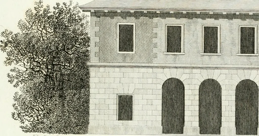 An illustration from Die schöne Landbaukunst, oder, Neue Ideen und Vorschriften zu Landgebäuden, Landhäusern und Oekonomie-Gebäuden im gefälligen : Ideen zu Gebäuden für öffentliche und Privatbelustigungen, ingleichen zu Gebäuden im ernsthaftern aber edlen Style, in Grundrissen, Aufrissen und Durchschnitten, 1798, leaf 50