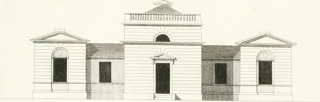 An illustration from Die schöne Landbaukunst, oder, Neue Ideen und Vorschriften zu Landgebäuden, Landhäusern und Oekonomie-Gebäuden im gefälligen : Ideen zu Gebäuden für öffentliche und Privatbelustigungen, ingleichen zu Gebäuden im ernsthaftern aber edlen Style, in Grundrissen, Aufrissen und Durchschnitten, 1798, leaf 54