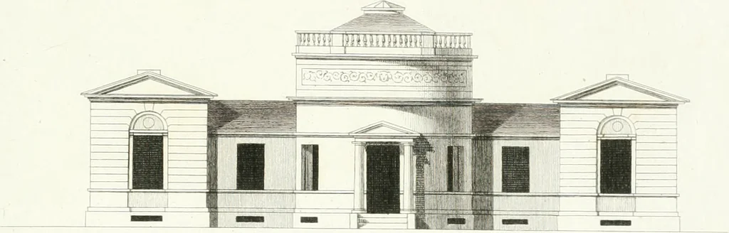 An illustration from Die schöne Landbaukunst, oder, Neue Ideen und Vorschriften zu Landgebäuden, Landhäusern und Oekonomie-Gebäuden im gefälligen : Ideen zu Gebäuden für öffentliche und Privatbelustigungen, ingleichen zu Gebäuden im ernsthaftern aber edlen Style, in Grundrissen, Aufrissen und Durchschnitten, 1798, leaf 54