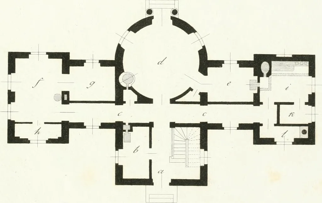 An illustration from Die schöne Landbaukunst, oder, Neue Ideen und Vorschriften zu Landgebäuden, Landhäusern und Oekonomie-Gebäuden im gefälligen : Ideen zu Gebäuden für öffentliche und Privatbelustigungen, ingleichen zu Gebäuden im ernsthaftern aber edlen Style, in Grundrissen, Aufrissen und Durchschnitten, 1798, leaf 54
