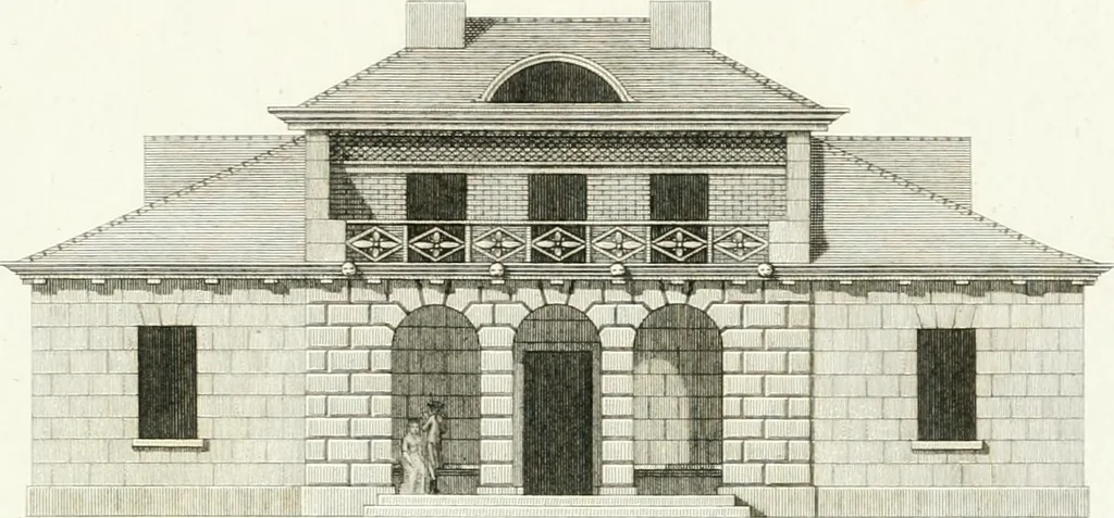 An illustration from Die schöne Landbaukunst, oder, Neue Ideen und Vorschriften zu Landgebäuden, Landhäusern und Oekonomie-Gebäuden im gefälligen : Ideen zu Gebäuden für öffentliche und Privatbelustigungen, ingleichen zu Gebäuden im ernsthaftern aber edlen Style, in Grundrissen, Aufrissen und Durchschnitten, 1798, leaf 56