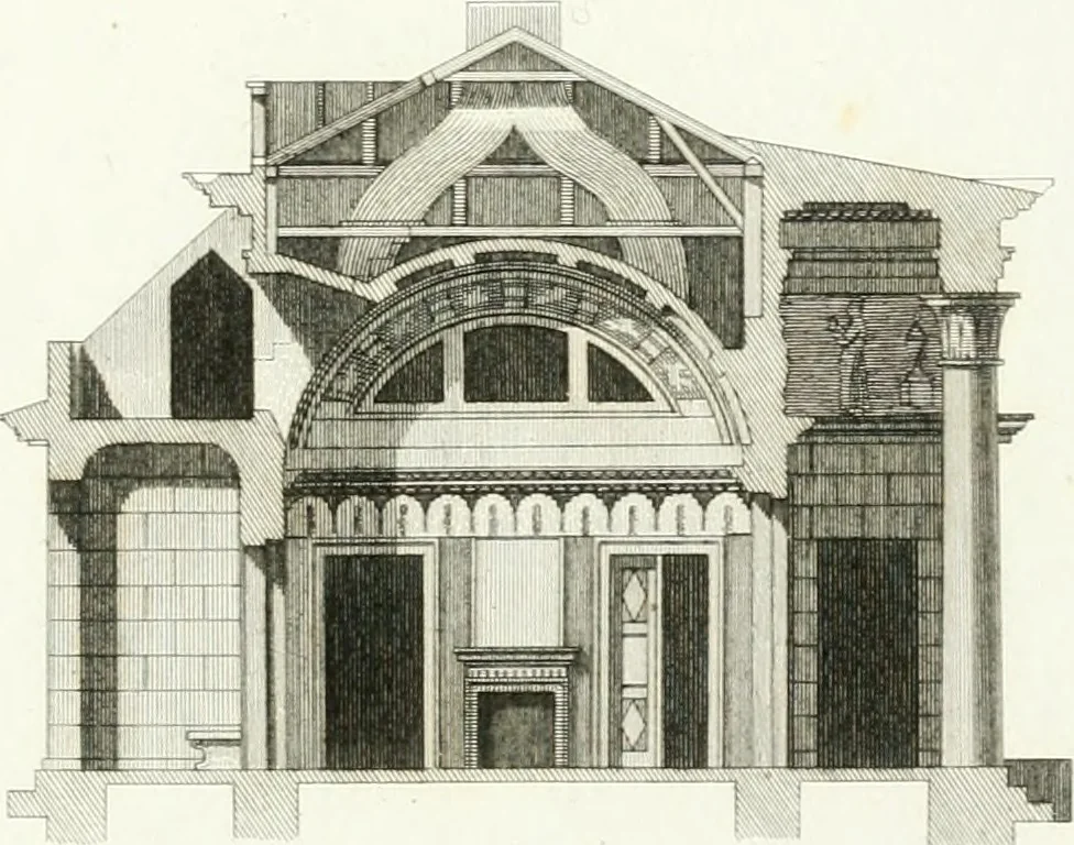 An illustration from Die schöne Landbaukunst, oder, Neue Ideen und Vorschriften zu Landgebäuden, Landhäusern und Oekonomie-Gebäuden im gefälligen : Ideen zu Gebäuden für öffentliche und Privatbelustigungen, ingleichen zu Gebäuden im ernsthaftern aber edlen Style, in Grundrissen, Aufrissen und Durchschnitten, 1798, leaf 56