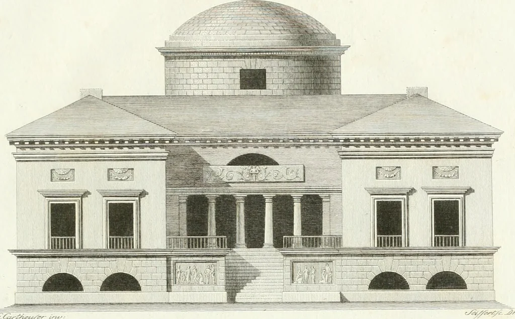An illustration from Die schöne Landbaukunst, oder, Neue Ideen und Vorschriften zu Landgebäuden, Landhäusern und Oekonomie-Gebäuden im gefälligen : Ideen zu Gebäuden für öffentliche und Privatbelustigungen, ingleichen zu Gebäuden im ernsthaftern aber edlen Style, in Grundrissen, Aufrissen und Durchschnitten, 1798, leaf 32