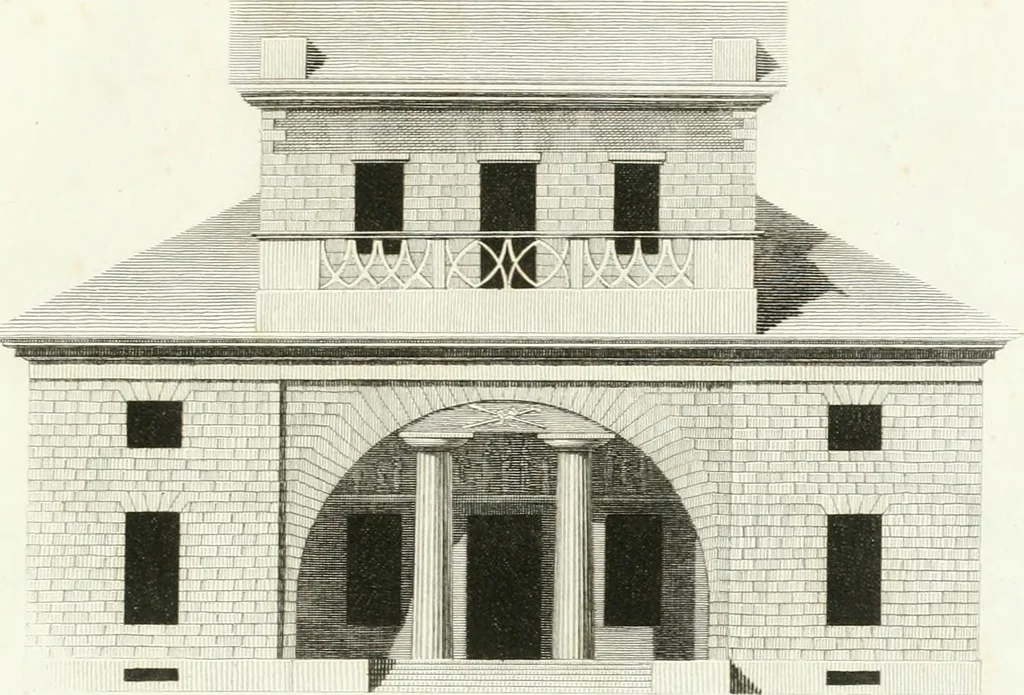 An illustration from Die schöne Landbaukunst, oder, Neue Ideen und Vorschriften zu Landgebäuden, Landhäusern und Oekonomie-Gebäuden im gefälligen : Ideen zu Gebäuden für öffentliche und Privatbelustigungen, ingleichen zu Gebäuden im ernsthaftern aber edlen Style, in Grundrissen, Aufrissen und Durchschnitten, 1798, leaf 34