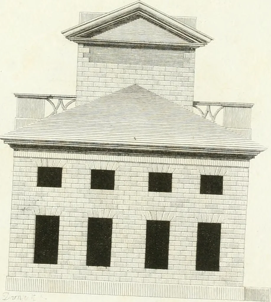 An illustration from Die schöne Landbaukunst, oder, Neue Ideen und Vorschriften zu Landgebäuden, Landhäusern und Oekonomie-Gebäuden im gefälligen : Ideen zu Gebäuden für öffentliche und Privatbelustigungen, ingleichen zu Gebäuden im ernsthaftern aber edlen Style, in Grundrissen, Aufrissen und Durchschnitten, 1798, leaf 36