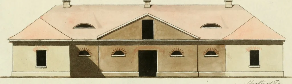 An illustration from Die schöne Landbaukunst, oder, Neue Ideen und Vorschriften zu Landgebäuden, Landhäusern und Oekonomie-Gebäuden im gefälligen : Ideen zu Gebäuden für öffentliche und Privatbelustigungen, ingleichen zu Gebäuden im ernsthaftern aber edlen Style, in Grundrissen, Aufrissen und Durchschnitten, 1798, leaf 44