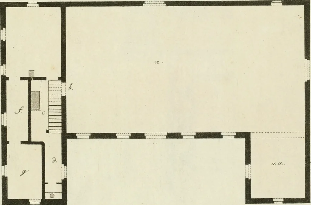 An illustration from Die schöne Landbaukunst, oder, Neue Ideen und Vorschriften zu Landgebäuden, Landhäusern und Oekonomie-Gebäuden im gefälligen : Ideen zu Gebäuden für öffentliche und Privatbelustigungen, ingleichen zu Gebäuden im ernsthaftern aber edlen Style, in Grundrissen, Aufrissen und Durchschnitten, 1798, leaf 44
