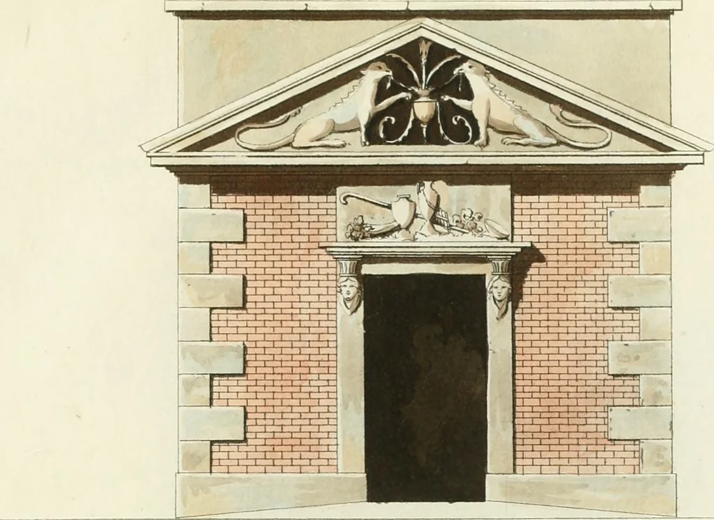An illustration from Die schöne Landbaukunst, oder, Neue Ideen und Vorschriften zu Landgebäuden, Landhäusern und Oekonomie-Gebäuden im gefälligen : Ideen zu Gebäuden für öffentliche und Privatbelustigungen, ingleichen zu Gebäuden im ernsthaftern aber edlen Style, in Grundrissen, Aufrissen und Durchschnitten, 1798, leaf 50