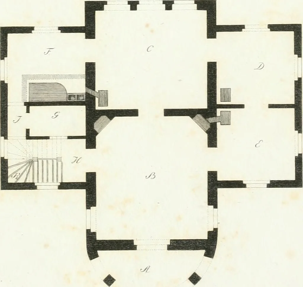 An illustration from Die schöne Landbaukunst, oder, Neue Ideen und Vorschriften zu Landgebäuden, Landhäusern und Oekonomie-Gebäuden im gefälligen : Ideen zu Gebäuden für öffentliche und Privatbelustigungen, ingleichen zu Gebäuden im ernsthaftern aber edlen Style, in Grundrissen, Aufrissen und Durchschnitten, 1798, leaf 52
