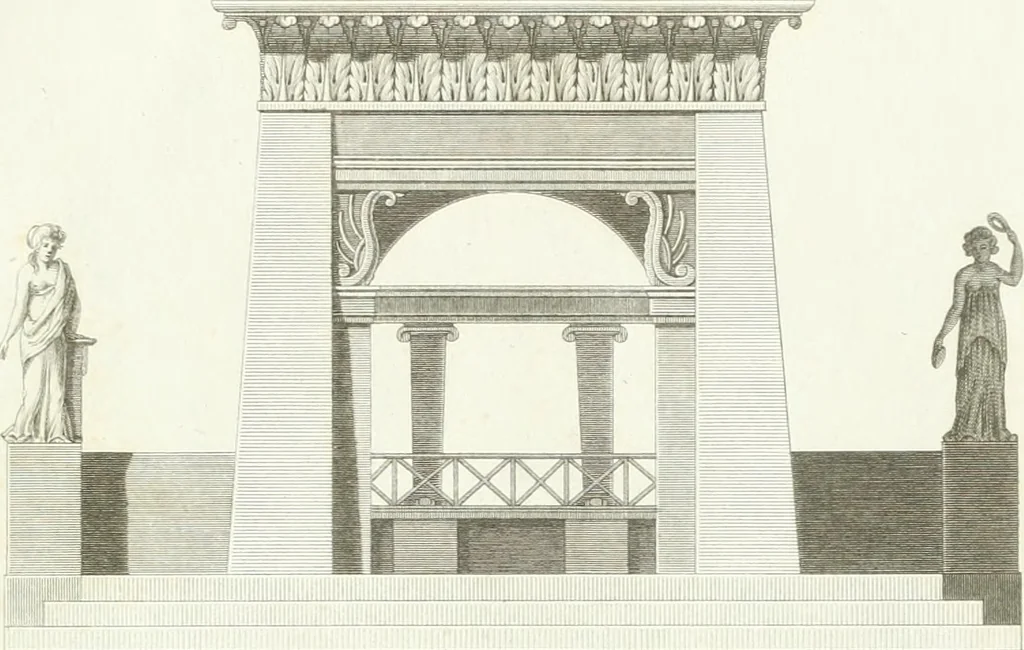 An illustration from Die schöne Landbaukunst, oder, Neue Ideen und Vorschriften zu Landgebäuden, Landhäusern und Oekonomie-Gebäuden im gefälligen : Ideen zu Gebäuden für öffentliche und Privatbelustigungen, ingleichen zu Gebäuden im ernsthaftern aber edlen Style, in Grundrissen, Aufrissen und Durchschnitten, 1798, leaf 54