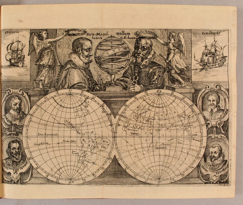 An illustration from Die sechtzehende Schifffahrt. Das ist: Journal, oder Beschreibung der wunderbaren Reise Wilhelm Schouten auss Hollandt, im Jahr 1615. 16. vnd 17. : Darinnen er eine neuwe Durchfahrt neben dem Freto Magellanico, welche bisshero noch vnbekannt gewesen, in die Suyd See entdeckt. Beneben Erzehlung, was für Land, Insuln, Leut, allda gefunden, vnd sich sonstan auff der Reise in der Suyd See zugetragen. Mit schönen Land Charten, vnd Kupfferstück erklärt, 1619, leaf 13