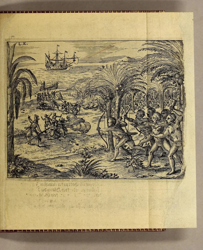 An illustration from Die sechtzehende Schifffahrt. Das ist: Journal, oder Beschreibung der wunderbaren Reise Wilhelm Schouten auss Hollandt, im Jahr 1615. 16. vnd 17. : Darinnen er eine neuwe Durchfahrt neben dem Freto Magellanico, welche bisshero noch vnbekannt gewesen, in die Suyd See entdeckt. Beneben Erzehlung, was für Land, Insuln, Leut, allda gefunden, vnd sich sonstan auff der Reise in der Suyd See zugetragen. Mit schönen Land Charten, vnd Kupfferstück erklärt, 1619, leaf 91