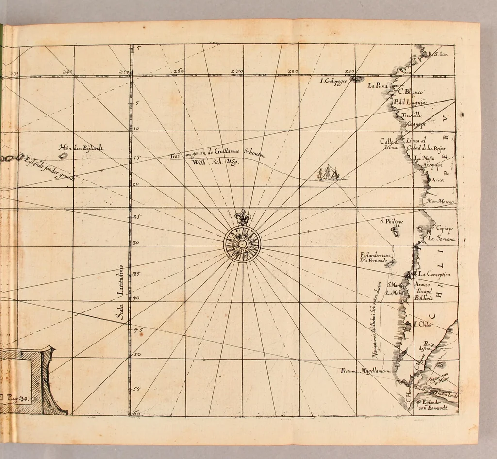 An illustration from Die sechtzehende Schifffahrt. : Journal, oder Beschreibung der wunderbaren Reise Wilhelm Schouten auss Hollandt, im Jahr 1615. 16. vnd 17. Darinnen er eine neuwe Durchfahrt neben dem Freto Magellanico, welche bisshero noch vnbekannt gewesen, in die Suyd See entdeckt. ., 1619, leaf 45