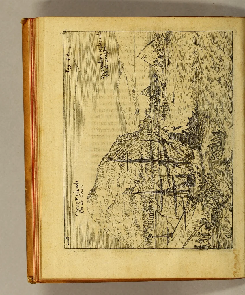 An illustration from Die sechtzehende Schifffahrt. : Journal, oder Beschreibung der wunderbaren Reise Wilhelm Schouten auss Hollandt, im Jahr 1615. 16. vnd 17. Darinnen er eine neuwe Durchfahrt neben dem Freto Magellanico, welche bisshero noch vnbekannt gewesen, in die Suyd See entdeckt. ., 1619, leaf 64