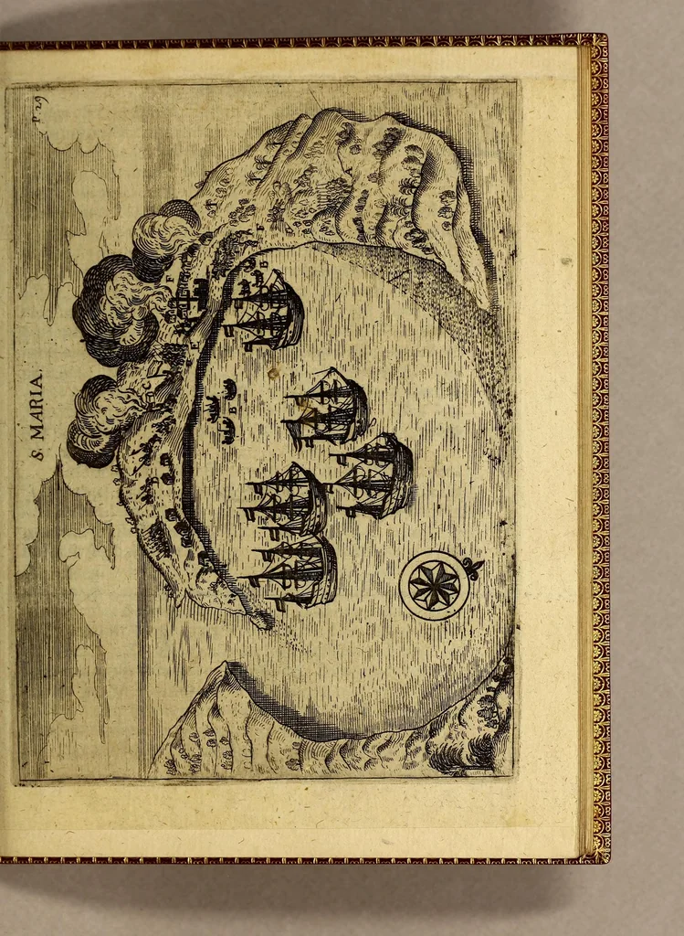 An illustration from Die siebenzehende Schiffart. Das ist: Eigentliche vnnd warhaftige Beschreibung, der wunderbahre[n] Reiss vnd Schiffart, so durch Herr Georgio von Spilbergen glücklichen volbracht., 1620, leaf 37