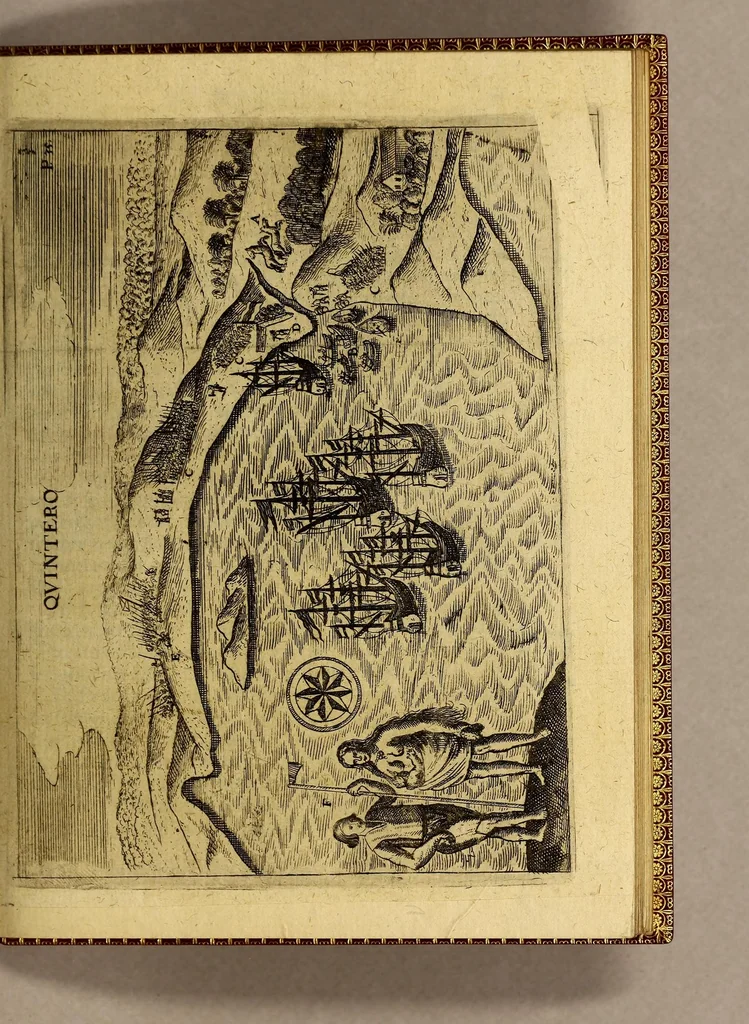 An illustration from Die siebenzehende Schiffart. Das ist: Eigentliche vnnd warhaftige Beschreibung, der wunderbahre[n] Reiss vnd Schiffart, so durch Herr Georgio von Spilbergen glücklichen volbracht., 1620, leaf 47