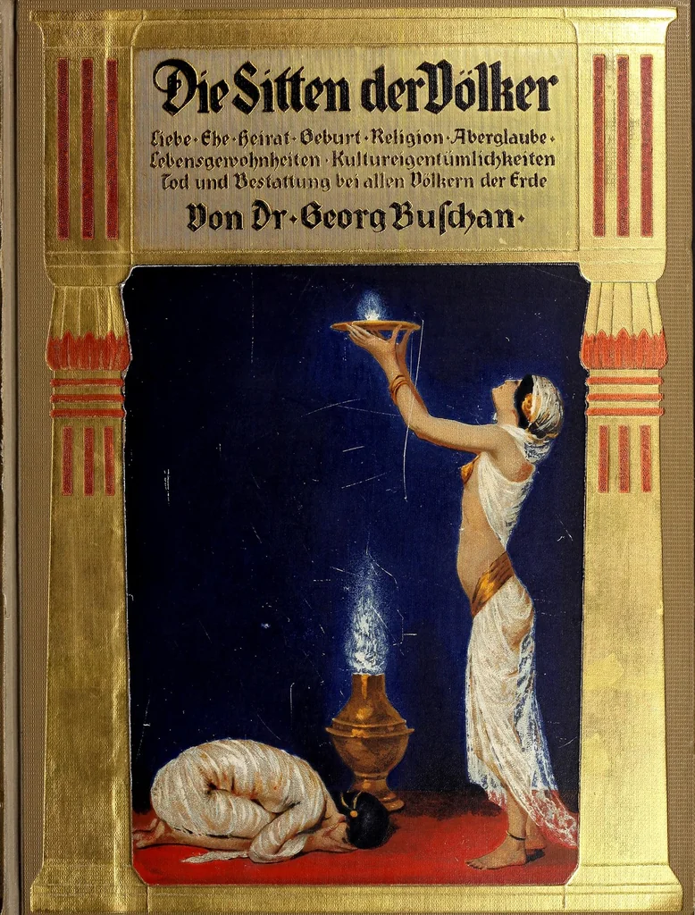 An illustration from Die Sitten der Völker; Liebe, Ehe, Heirat, Geburt, Religion, Aberglaube, Lebensgewohnheiten, Kultureigentümlichkeiten, Tod und Bestattung bei allen Völkern der Erde, 1914, leaf 1
