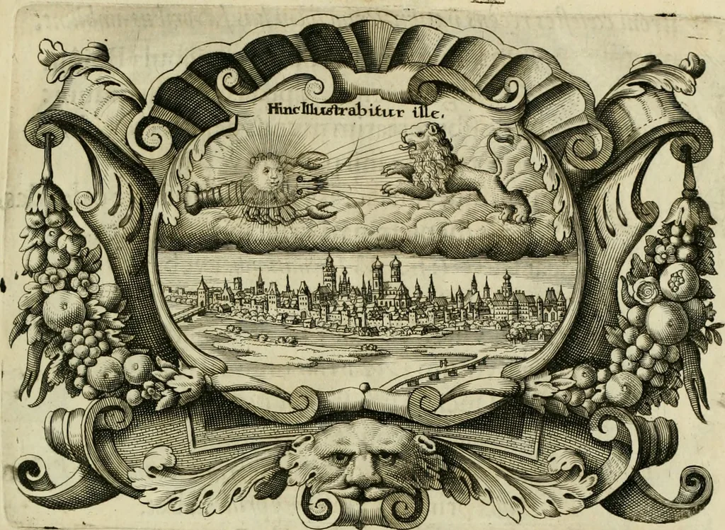 An illustration from Dies natalis serenissimi infantis et principis Boiorum, Maximiliana Emanuelis favoribus sanctorum, heroum crepundiis, et votis Patrum S.I. coronatus : in solemnibus baptismalibus, 1662, leaf 12