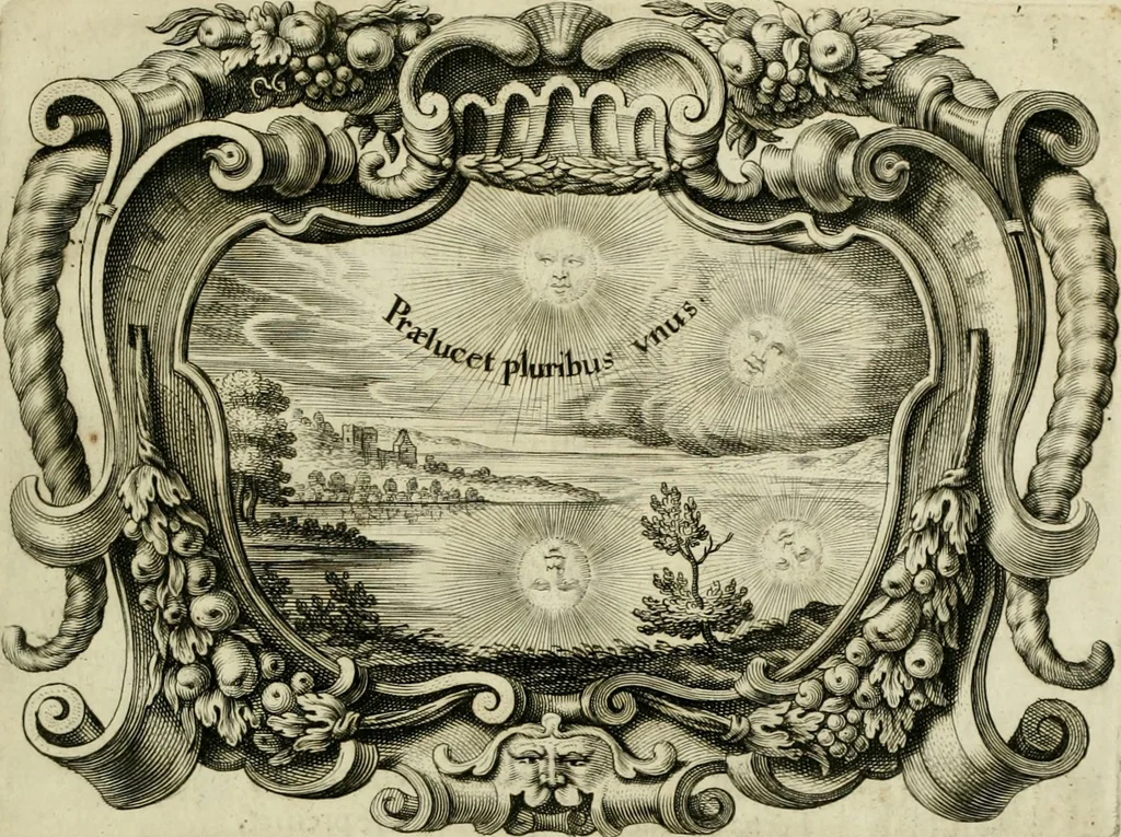 An illustration from Dies natalis serenissimi infantis et principis Boiorum, Maximiliana Emanuelis favoribus sanctorum, heroum crepundiis, et votis Patrum S.I. coronatus : in solemnibus baptismalibus, 1662, leaf 14