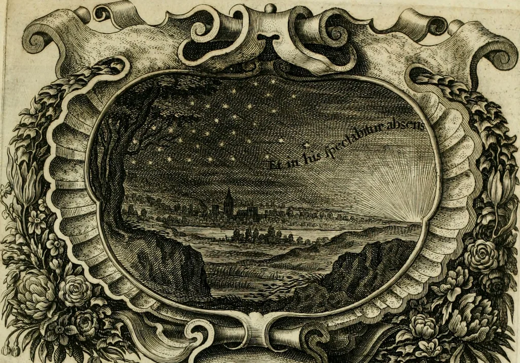 An illustration from Dies natalis serenissimi infantis et principis Boiorum, Maximiliana Emanuelis favoribus sanctorum, heroum crepundiis, et votis Patrum S.I. coronatus : in solemnibus baptismalibus, 1662, leaf 16