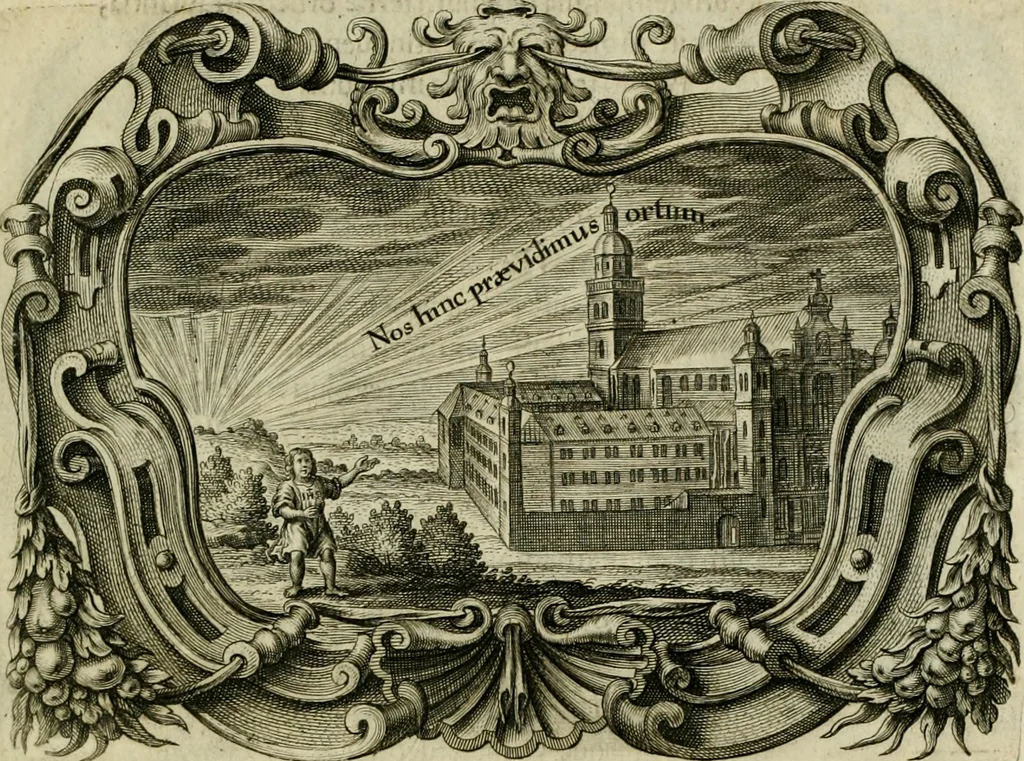 An illustration from Dies natalis serenissimi infantis et principis Boiorum, Maximiliana Emanuelis favoribus sanctorum, heroum crepundiis, et votis Patrum S.I. coronatus : in solemnibus baptismalibus, 1662, leaf 8