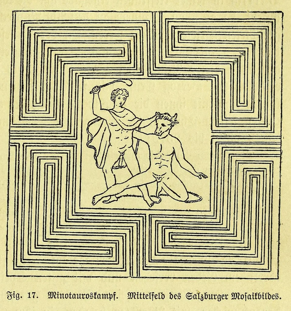 An illustration from Die Trojaburgen Nordeuropas : ihr Zusammenhang mit der indogermanischen Trojasage von der entführten und gefangenen Sonnenfrau (Syrith, Brunhild, Ariadne, Helena) : den Trojaspielen, Schwert- und Labyrinthtänzen zur Feier ihrer Lenzbefreiung, 1893, leaf 111