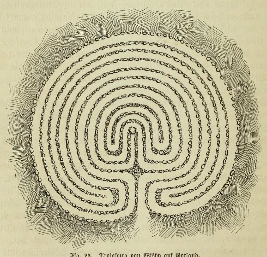 An illustration from Die Trojaburgen Nordeuropas : ihr Zusammenhang mit der indogermanischen Trojasage von der entführten und gefangenen Sonnenfrau (Syrith, Brunhild, Ariadne, Helena) : den Trojaspielen, Schwert- und Labyrinthtänzen zur Feier ihrer Lenzbefreiung, 1893, leaf 220