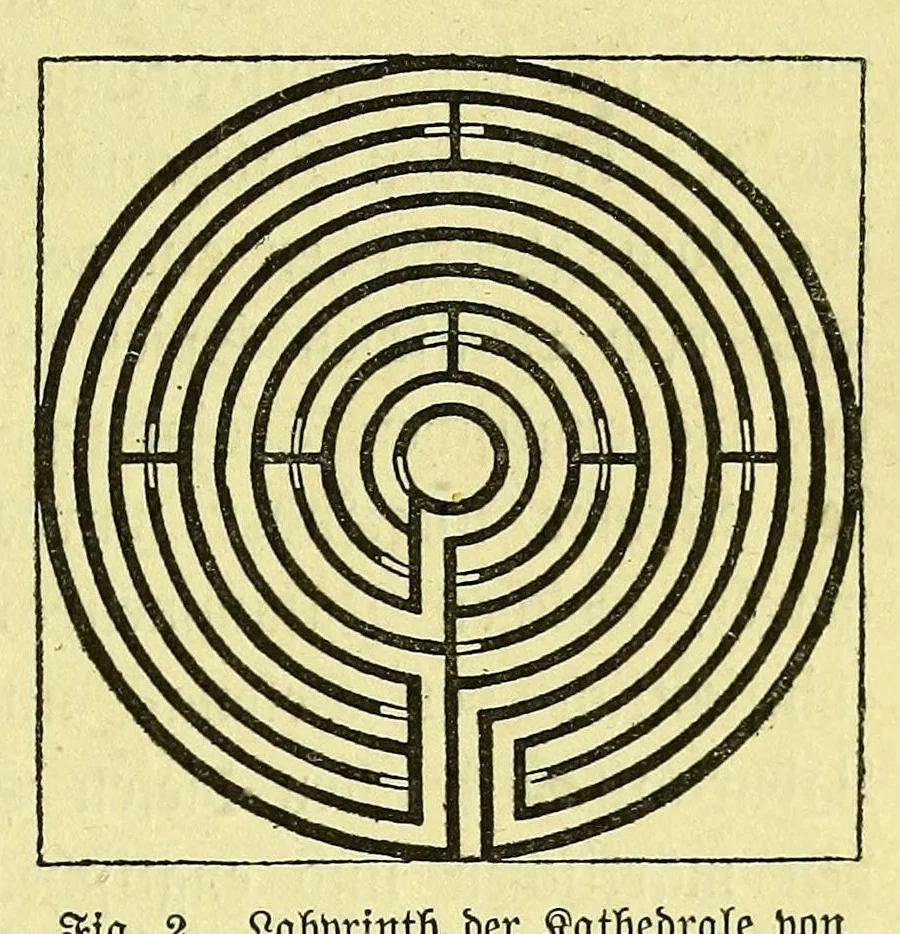 An illustration from Die Trojaburgen Nordeuropas : ihr Zusammenhang mit der indogermanischen Trojasage von der entführten und gefangenen Sonnenfrau (Syrith, Brunhild, Ariadne, Helena) : den Trojaspielen, Schwert- und Labyrinthtänzen zur Feier ihrer Lenzbefreiung, 1893, leaf 355