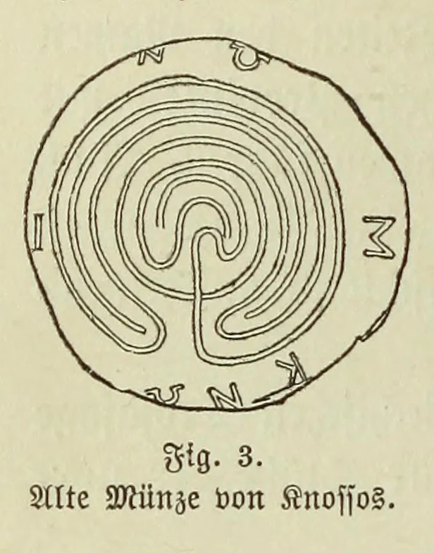 An illustration from Die Trojaburgen Nordeuropas : ihr Zusammenhang mit der indogermanischen Trojasage von der entführten und gefangenen Sonnenfrau (Syrith, Brunhild, Ariadne, Helena) : den Trojaspielen, Schwert- und Labyrinthtänzen zur Feier ihrer Lenzbefreiung, 1893, leaf 356
