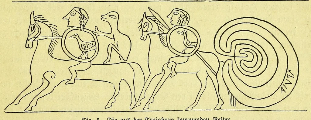 An illustration from Die Trojaburgen Nordeuropas : ihr Zusammenhang mit der indogermanischen Trojasage von der entführten und gefangenen Sonnenfrau (Syrith, Brunhild, Ariadne, Helena) : den Trojaspielen, Schwert- und Labyrinthtänzen zur Feier ihrer Lenzbefreiung, 1893, leaf 369