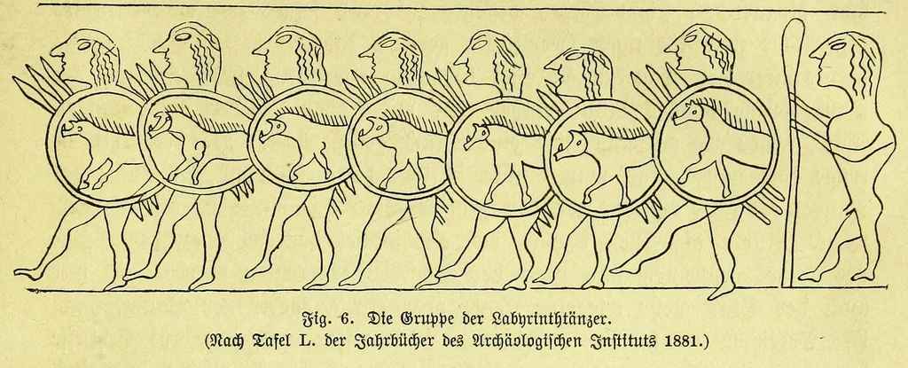 An illustration from Die Trojaburgen Nordeuropas : ihr Zusammenhang mit der indogermanischen Trojasage von der entführten und gefangenen Sonnenfrau (Syrith, Brunhild, Ariadne, Helena) : den Trojaspielen, Schwert- und Labyrinthtänzen zur Feier ihrer Lenzbefreiung, 1893, leaf 371