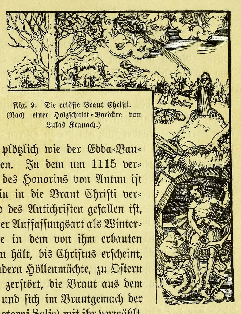 An illustration from Die Trojaburgen Nordeuropas : ihr Zusammenhang mit der indogermanischen Trojasage von der entführten und gefangenen Sonnenfrau (Syrith, Brunhild, Ariadne, Helena) : den Trojaspielen, Schwert- und Labyrinthtänzen zur Feier ihrer Lenzbefreiung, 1893, leaf 383