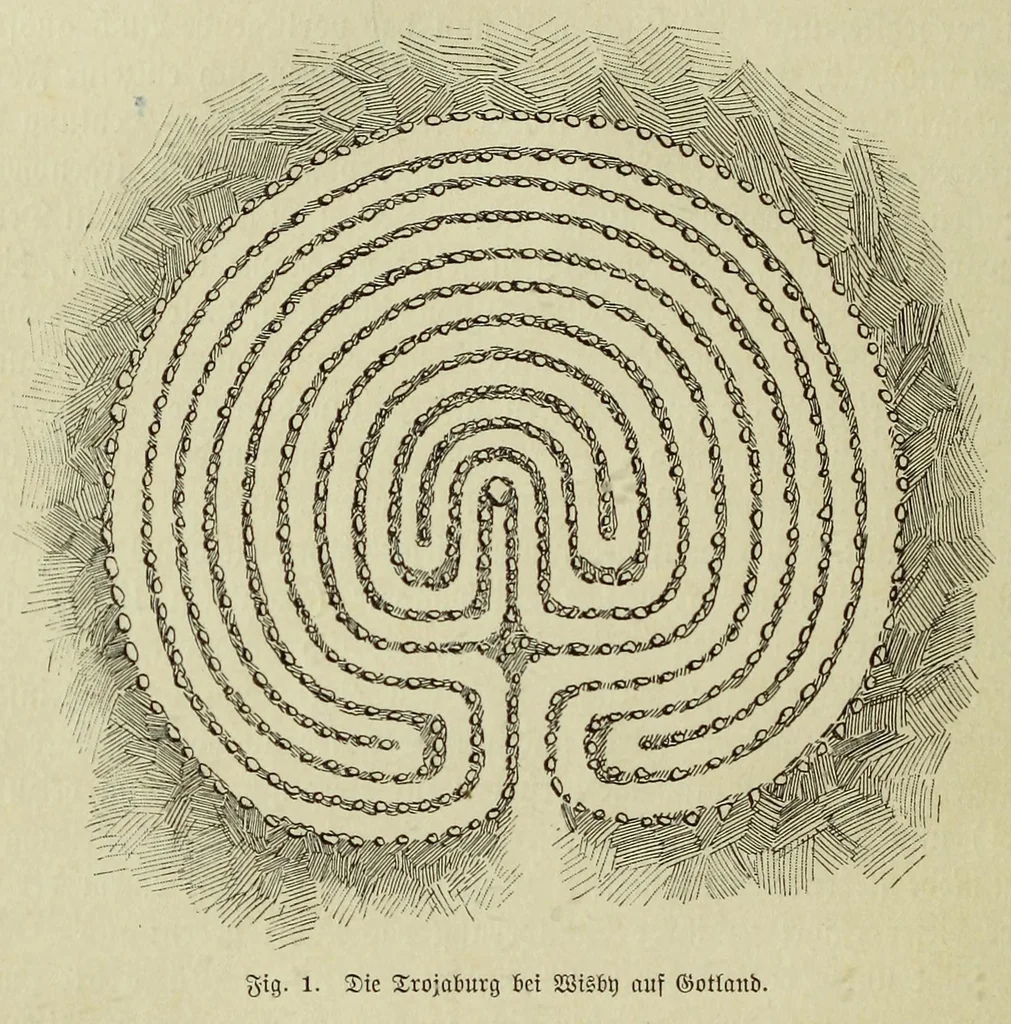 An illustration from Die Trojaburgen Nordeuropas : ihr Zusammenhang mit der indogermanischen Trojasage von der entführten und gefangenen Sonnenfrau (Syrith, Brunhild, Ariadne, Helena) : den Trojaspielen, Schwert- und Labyrinthtänzen zur Feier ihrer Lenzbefreiung, 1893, leaf 40