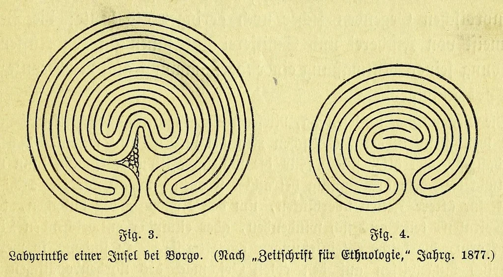 An illustration from Die Trojaburgen Nordeuropas : ihr Zusammenhang mit der indogermanischen Trojasage von der entführten und gefangenen Sonnenfrau (Syrith, Brunhild, Ariadne, Helena) : den Trojaspielen, Schwert- und Labyrinthtänzen zur Feier ihrer Lenzbefreiung, 1893, leaf 55