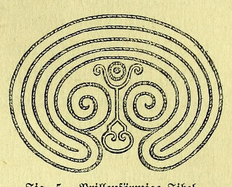 An illustration from Die Trojaburgen Nordeuropas : ihr Zusammenhang mit der indogermanischen Trojasage von der entführten und gefangenen Sonnenfrau (Syrith, Brunhild, Ariadne, Helena) : den Trojaspielen, Schwert- und Labyrinthtänzen zur Feier ihrer Lenzbefreiung, 1893, leaf 57