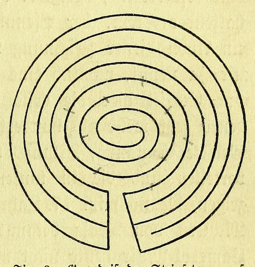An illustration from Die Trojaburgen Nordeuropas : ihr Zusammenhang mit der indogermanischen Trojasage von der entführten und gefangenen Sonnenfrau (Syrith, Brunhild, Ariadne, Helena) : den Trojaspielen, Schwert- und Labyrinthtänzen zur Feier ihrer Lenzbefreiung, 1893, leaf 83