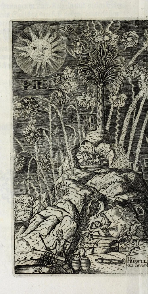 An illustration from Die überwindende Liebe : praesentiret und dargestellet durch ein künstliches Fewr-Werck welches bey hochfürstlicher Häimbführung des durchleuchtigsten Fürsten und Herrn, Herrn Johann Friederichs, Hertzogen zu Braunschweig und Lüneburg [et]c. hoch und hertzgeliebten Gemahlin, der durchleuchtigsten Fürstin und Frauen, Frauen Benedicta Henrietta Philippina, Pfaltz-Gräfin bey Rhein [et]c. glücklichen verbrand worden, zu Hannover den 8. Novembr. nachts umb 9. Uhr, im Jahr Christi 1668, 1668, leaf 12